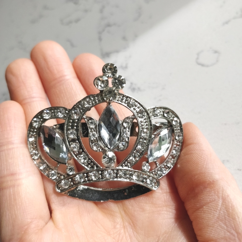 (3/$15) Crown silver tone rhinestone pin brooch